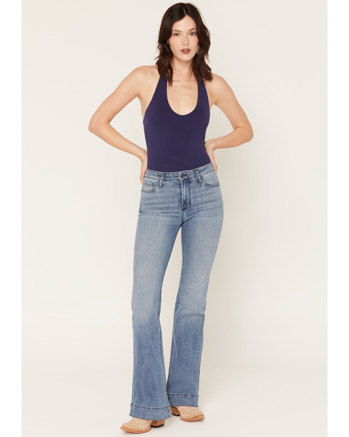 Image #1 - Haddad Women's Vintage Medium Wash Bella Trouser Flare Stretch Denim Jeans, Light Wash, hi-res