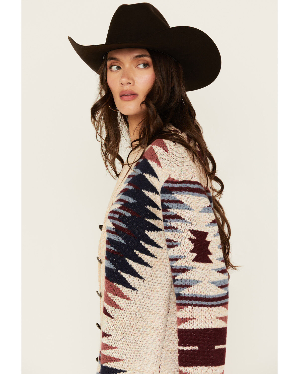 Image #2 - Shyanne Women's Southwestern Print Long Sleeve Button-Down Long Cardigan, Beige, hi-res