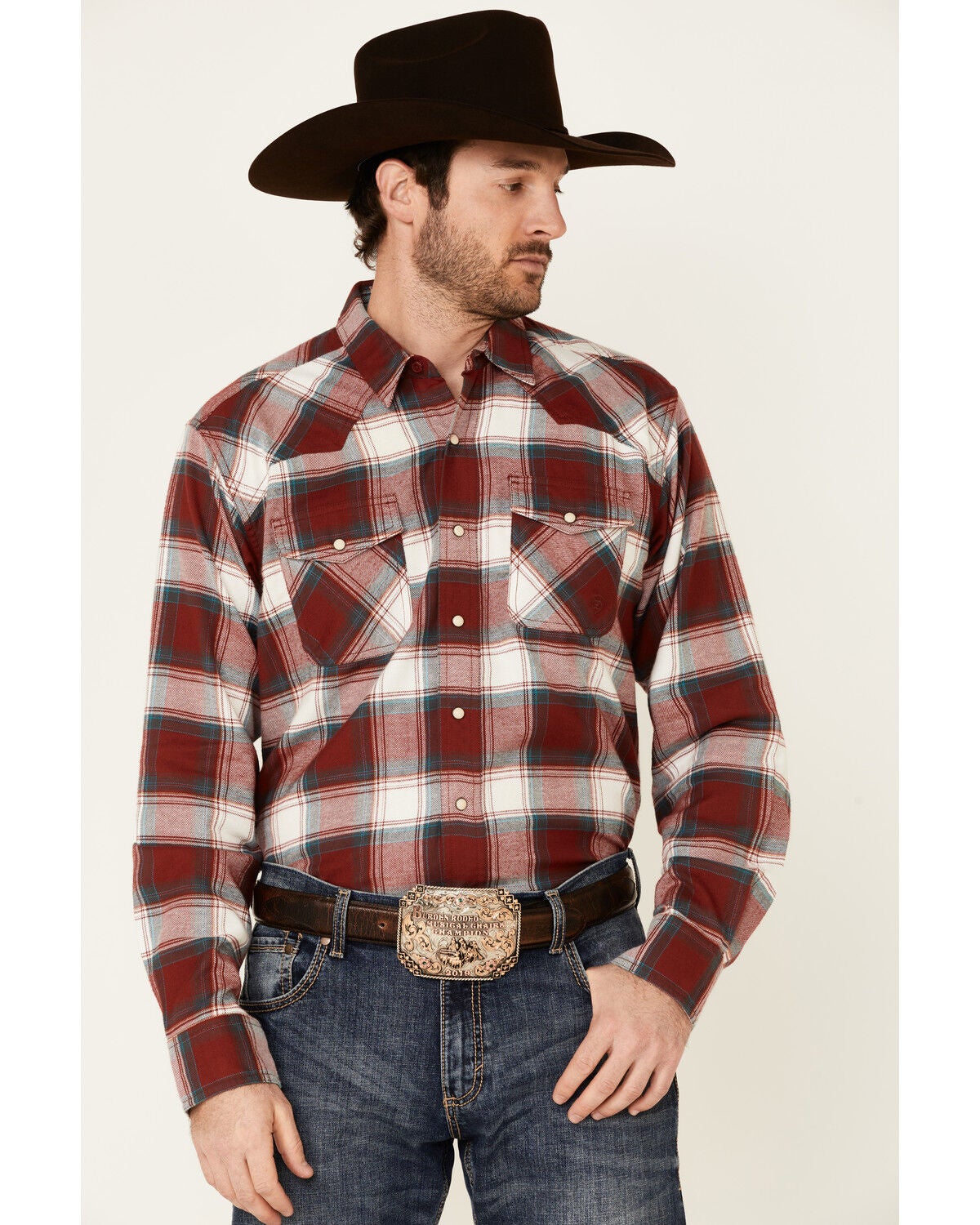 Image #1 - Ariat Men's Hillsboro Retro Large Plaid Long Sleeve Snap Western Flannel Shirt, Red, hi-res