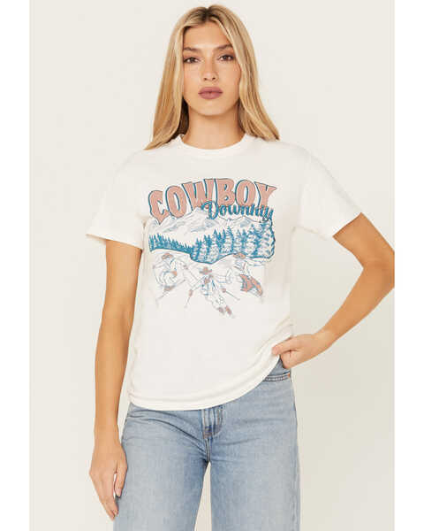 Youth in Revolt Women's Cowboy Downhill Short Sleeve Graphic Tee , Tan, hi-res