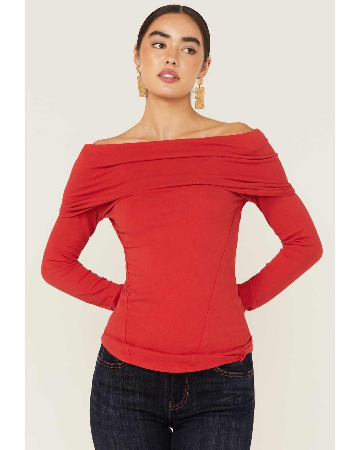 Image #1 - Free People Women's Iris Layering Off The Shoulder Long Sleeve Shirt, Red, hi-res