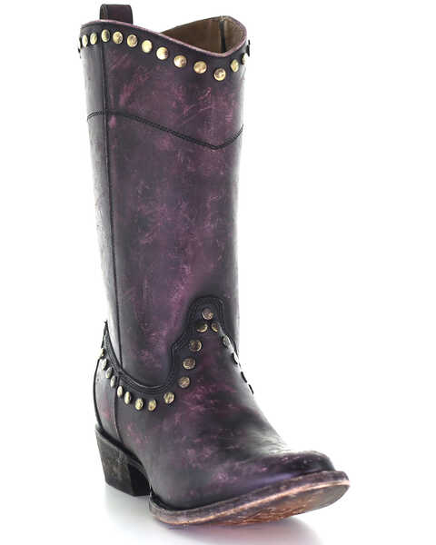 Corral Women's Distressed Zipper & Studs Western Boots - Round Toe, Wine, hi-res