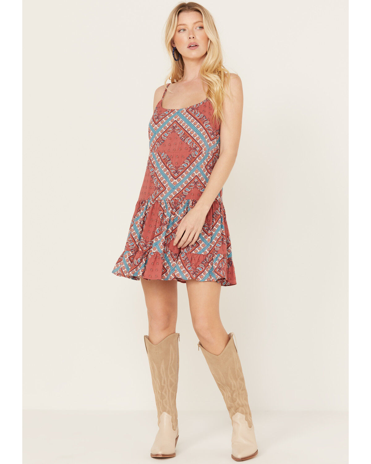 Image #1 - Rock & Roll Denim Women's Bandana Print Tiered Sleeveless Mini Dress, Red, hi-res