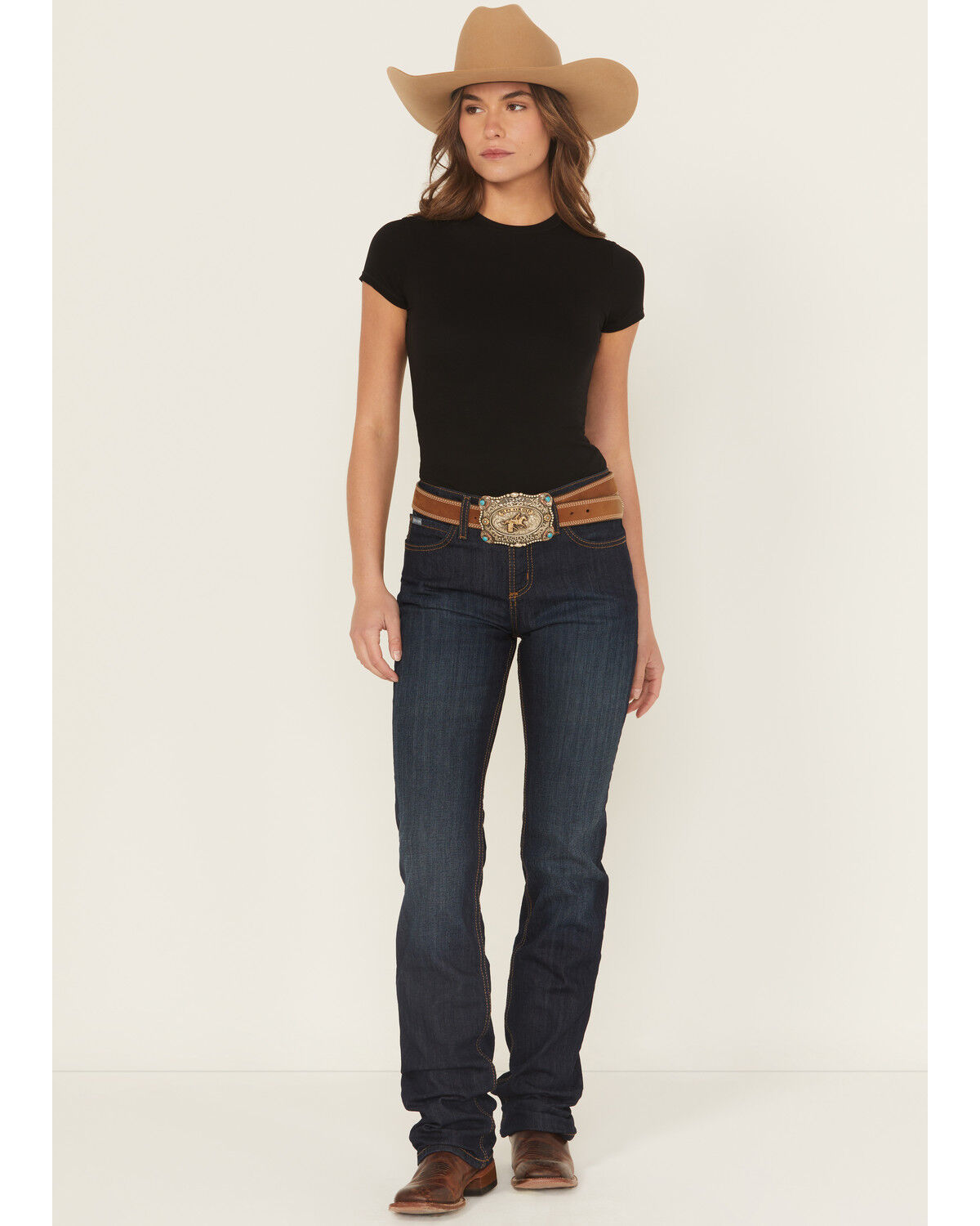 Image #1 - Cinch Women's Jenna Dark Wash Straight Leg Relaxed Fit Stretch Denim Jeans, Indigo, hi-res