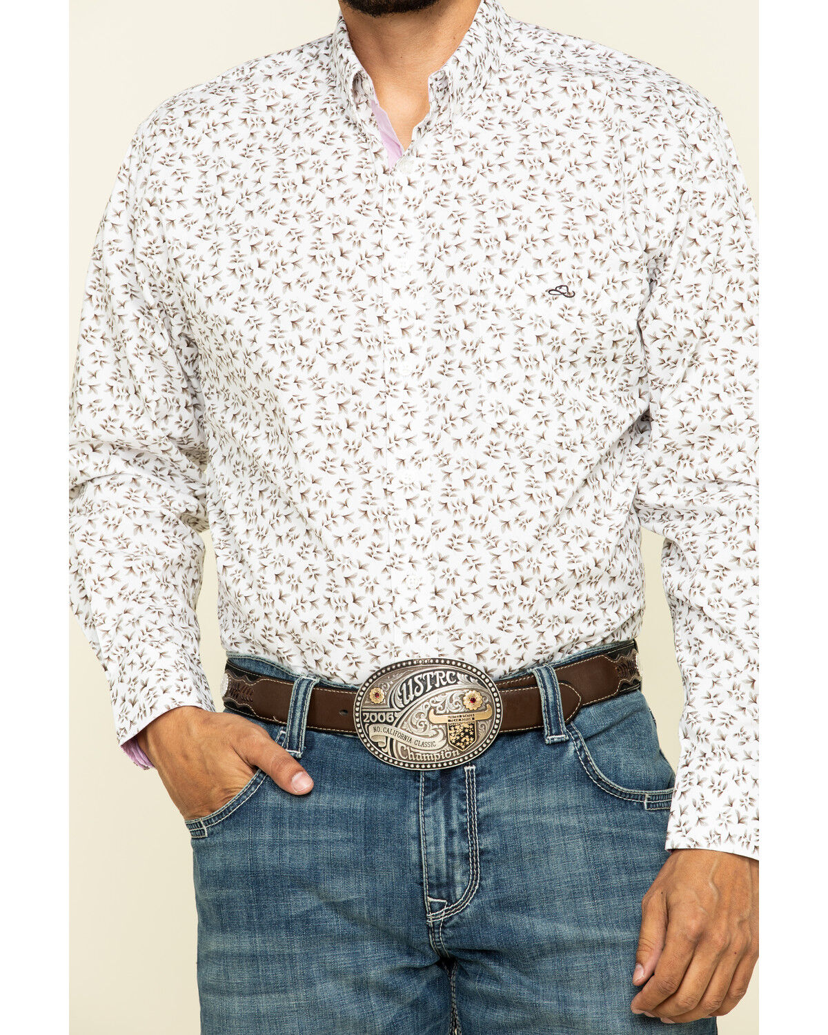 Image #4 - Resistol Men's White Palmetto Floral Print Long Sleeve Western Shirt, White, hi-res