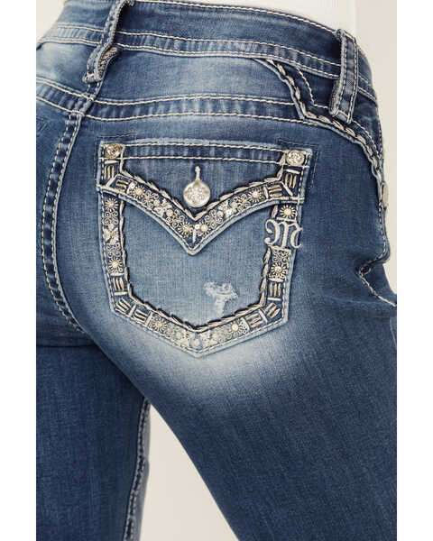 Image #2 - Miss Me Women's Medium Wash Mid Rise Border Flap Pocket Bootcut Stretch Denim Jeans , Medium Wash, hi-res