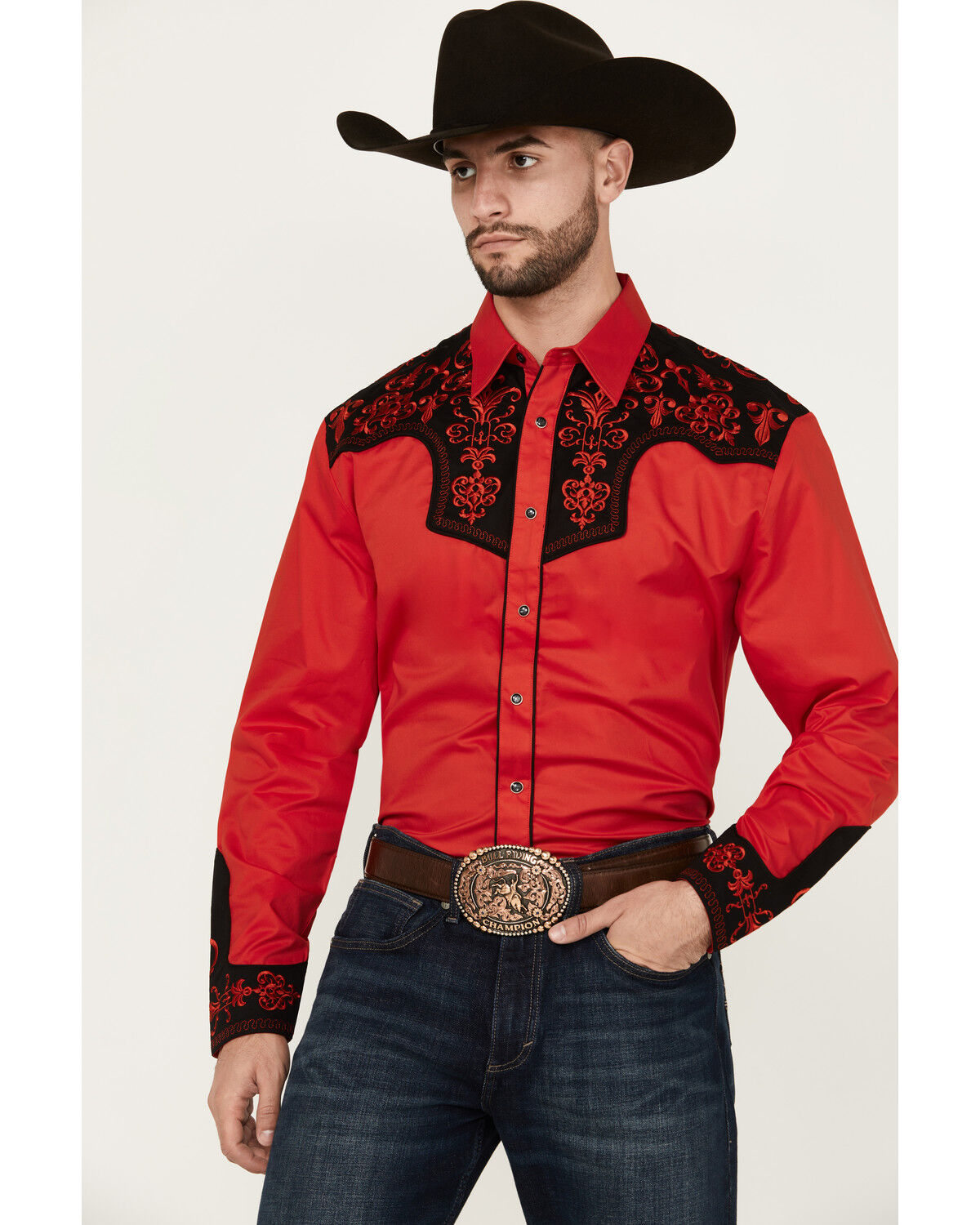 Image #1 - Rodeo Clothing Men's Embroidered Yoke Long Sleeve Pearl Snap Western Shirt, Red, hi-res