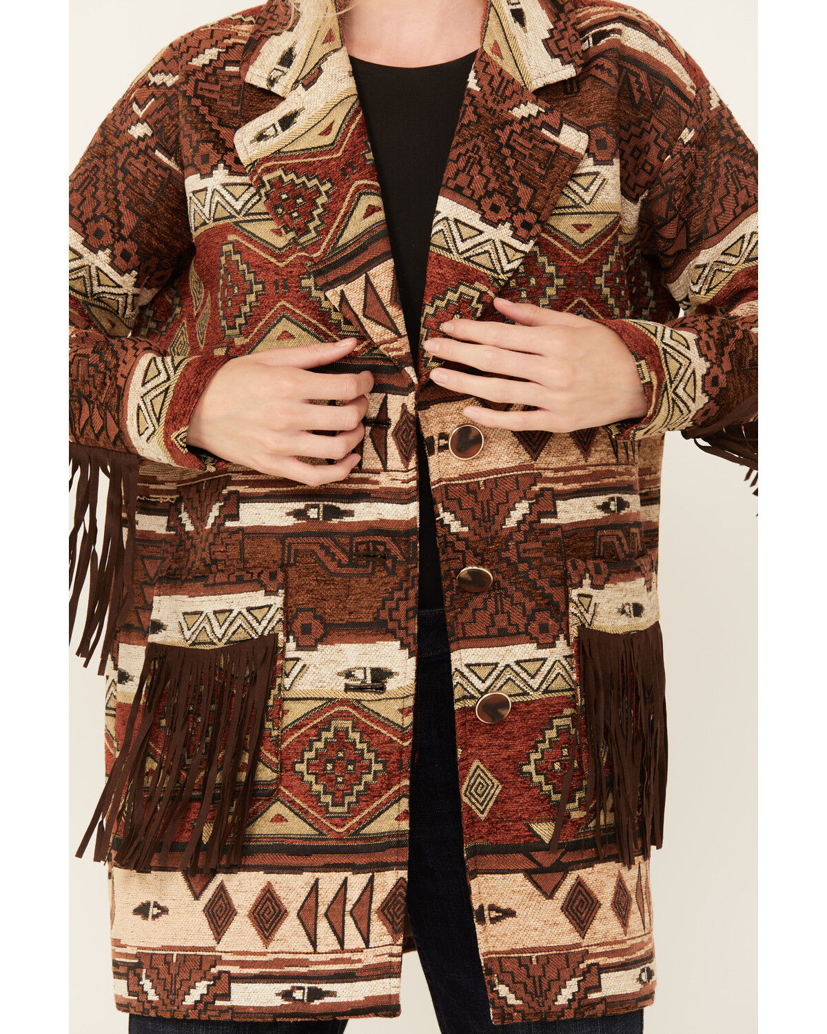 Image #3 - Shyanne Women's Tribal Tapestry Fringe Coat, Medium Brown, hi-res