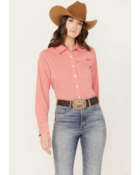 Image #1 - Ariat Women's VentTEK Checkered Print Long Sleeve Button Down Stretch Western Shirt, Red, hi-res