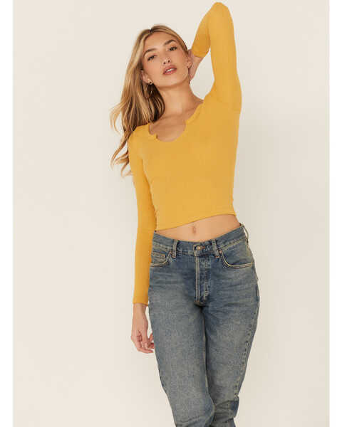 Image #1 - Wild Moss Women's Solid Long Sleeve Raw Edge Ribbed Knit Top, Mustard, hi-res