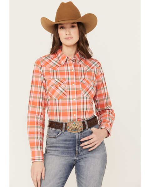 Image #1 - Wrangler Women's Plaid Print Long Sleeve Western Pearl Snap Shirt, Orange, hi-res