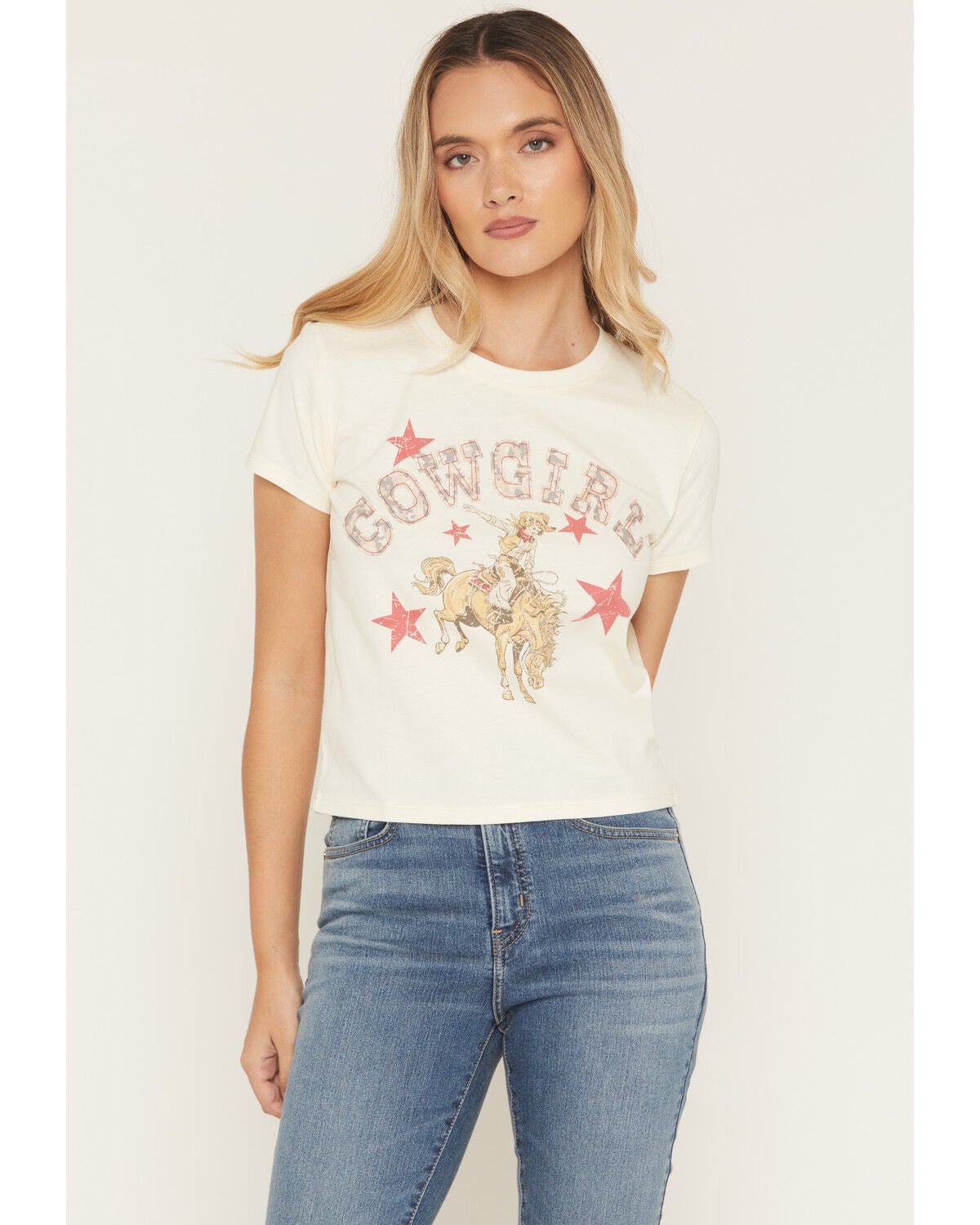 Image #1 - Youth In Revolt Women's Cowgirl Camo Patch Short Sleeve Cropped Boxy Tee, Cream, hi-res