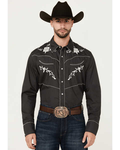 Wrangler Men's Rodeo Embroidered Long Sleeve Snap Western Shirt , Black, hi-res