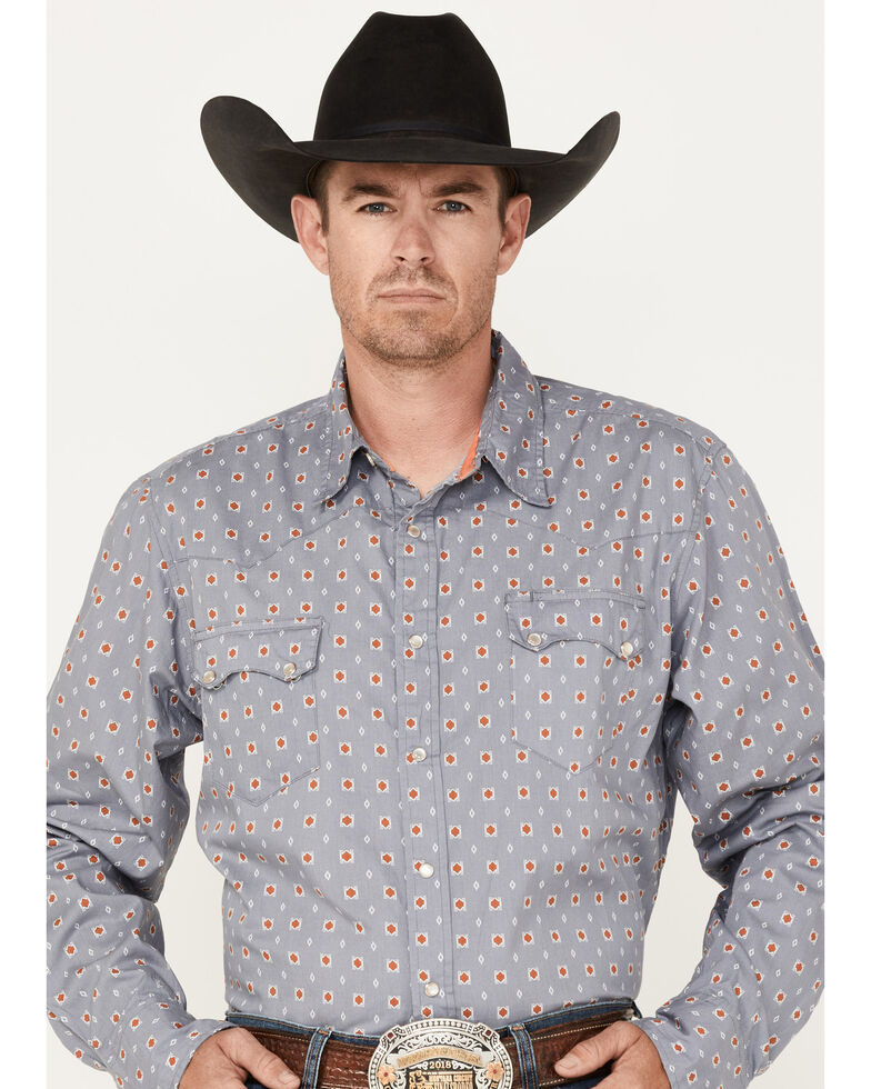 Roper Men's Large Geo Print Long Sleeve Snap Shirt, Grey, hi-res