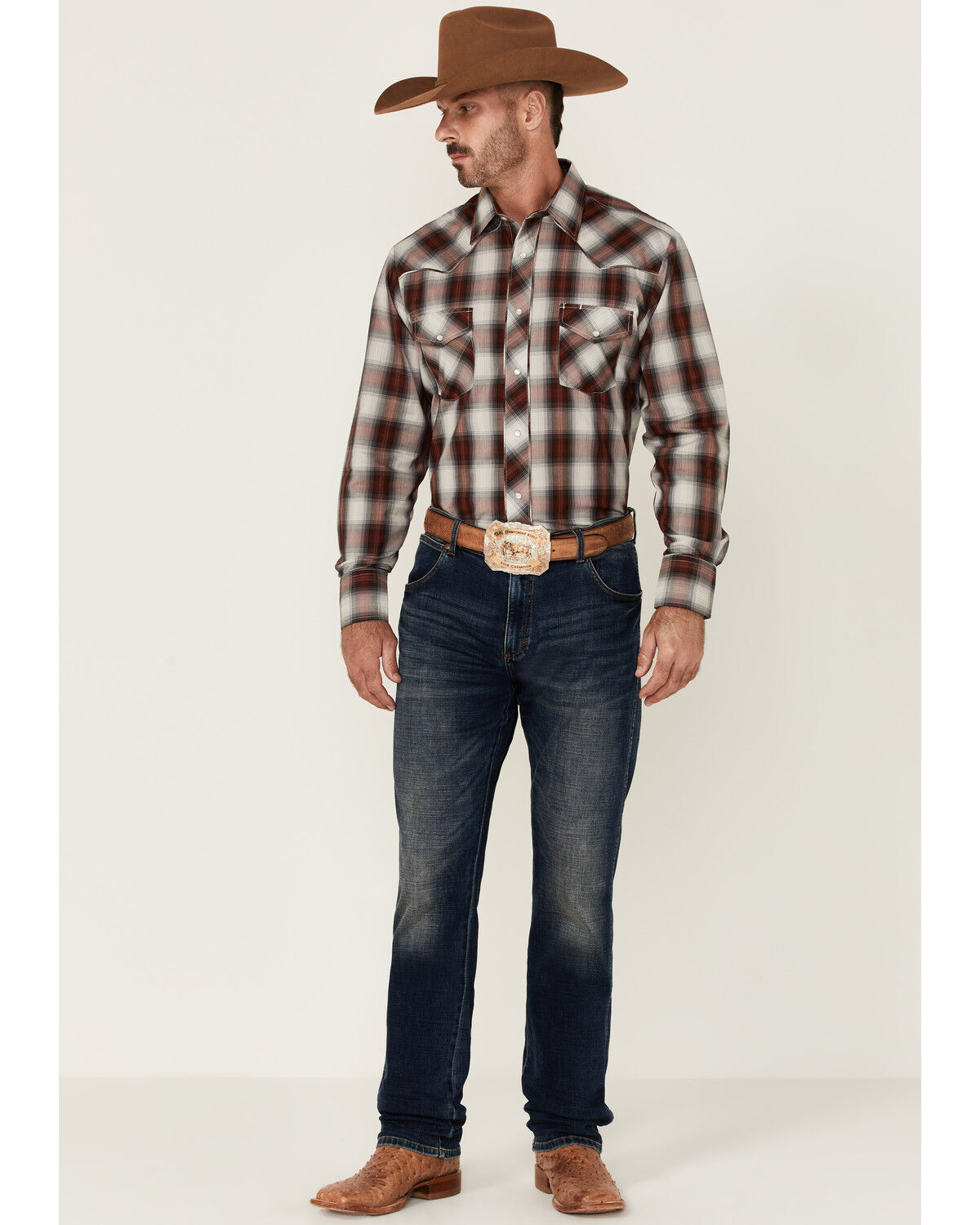 Image #2 - Roper Men's Multi Plaid Embroidered Horse Long Sleeve Pearl Snap Western Shirt, Maroon, hi-res