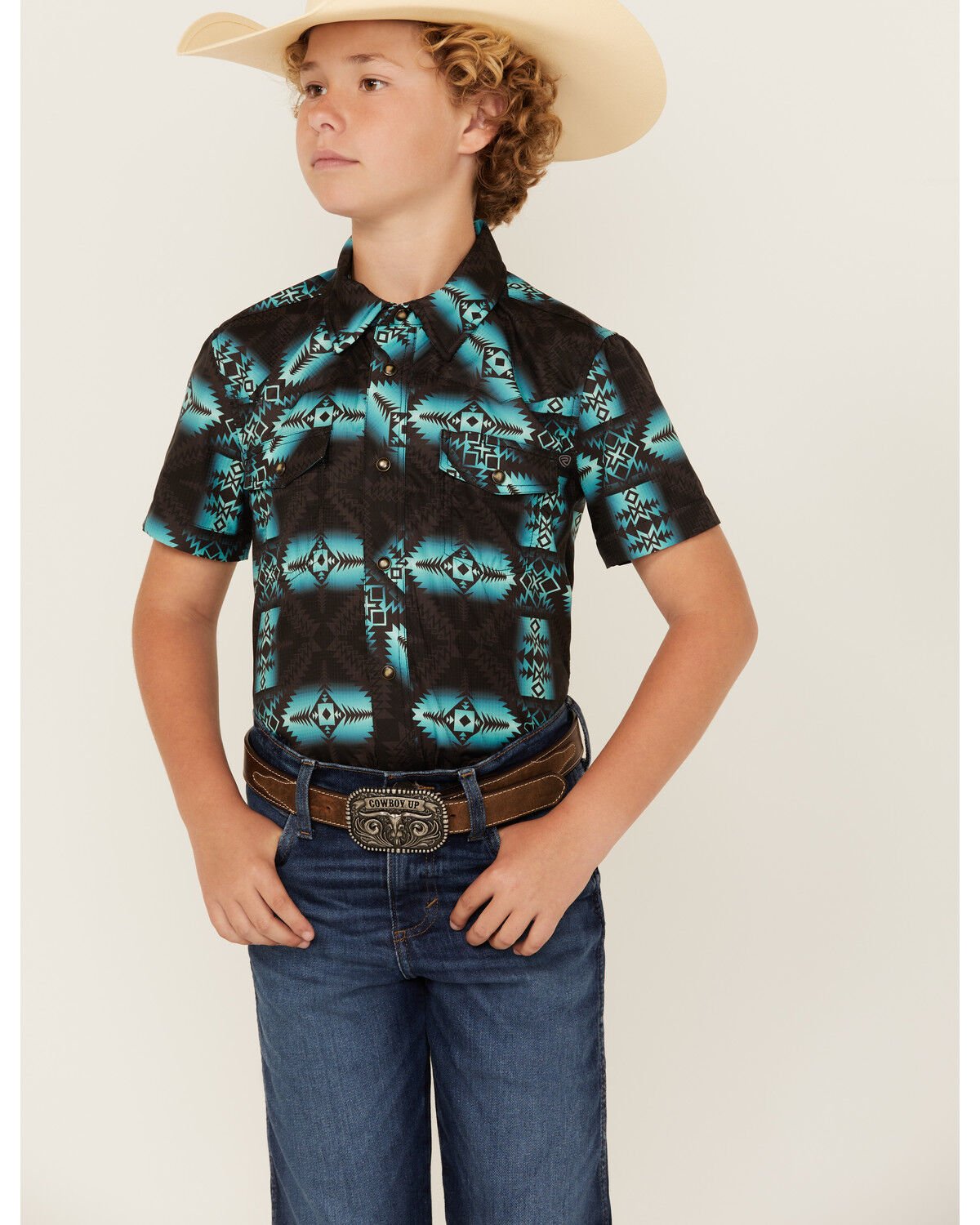 Image #1 - Rock & Roll Denim Boys' Southwestern Print Moisture Wicking Short Sleeve Snap Western Shirt, Teal, hi-res
