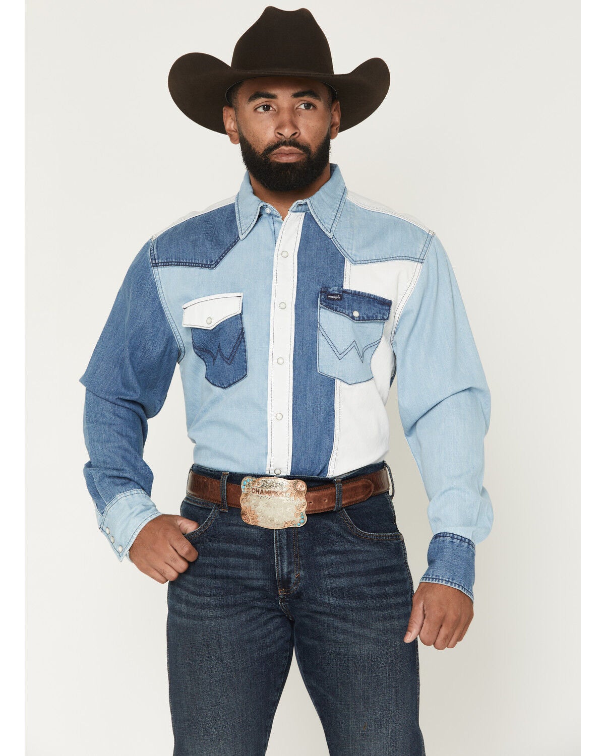 Wrangler Men's Brushpopper Denim Block Long Sleeve Snap Western Shirt, Blue, hi-res