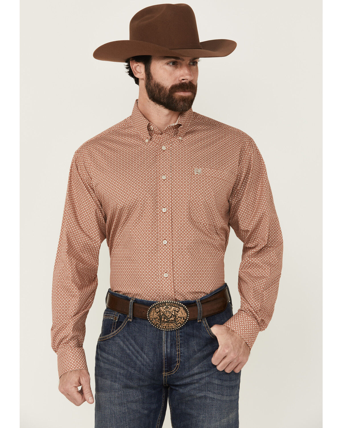 Image #1 - Cinch Men's Geo Print Long Sleeve Button-Down Western Shirt, Orange, hi-res