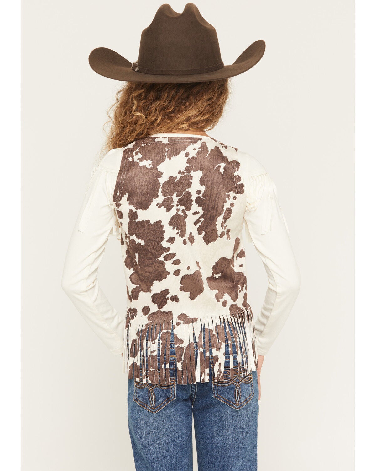 Image #4 - Shyanne Girls' Cora Cow Print Faux Suede Tie Vest, Brown, hi-res