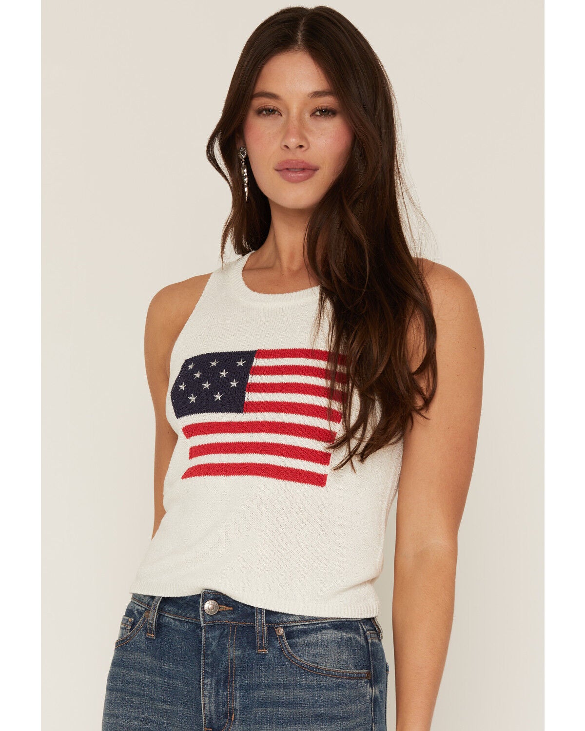 Image #1 - Sadie & Sage Women's American Flag Embroidered Sweater Tank Top, White, hi-res
