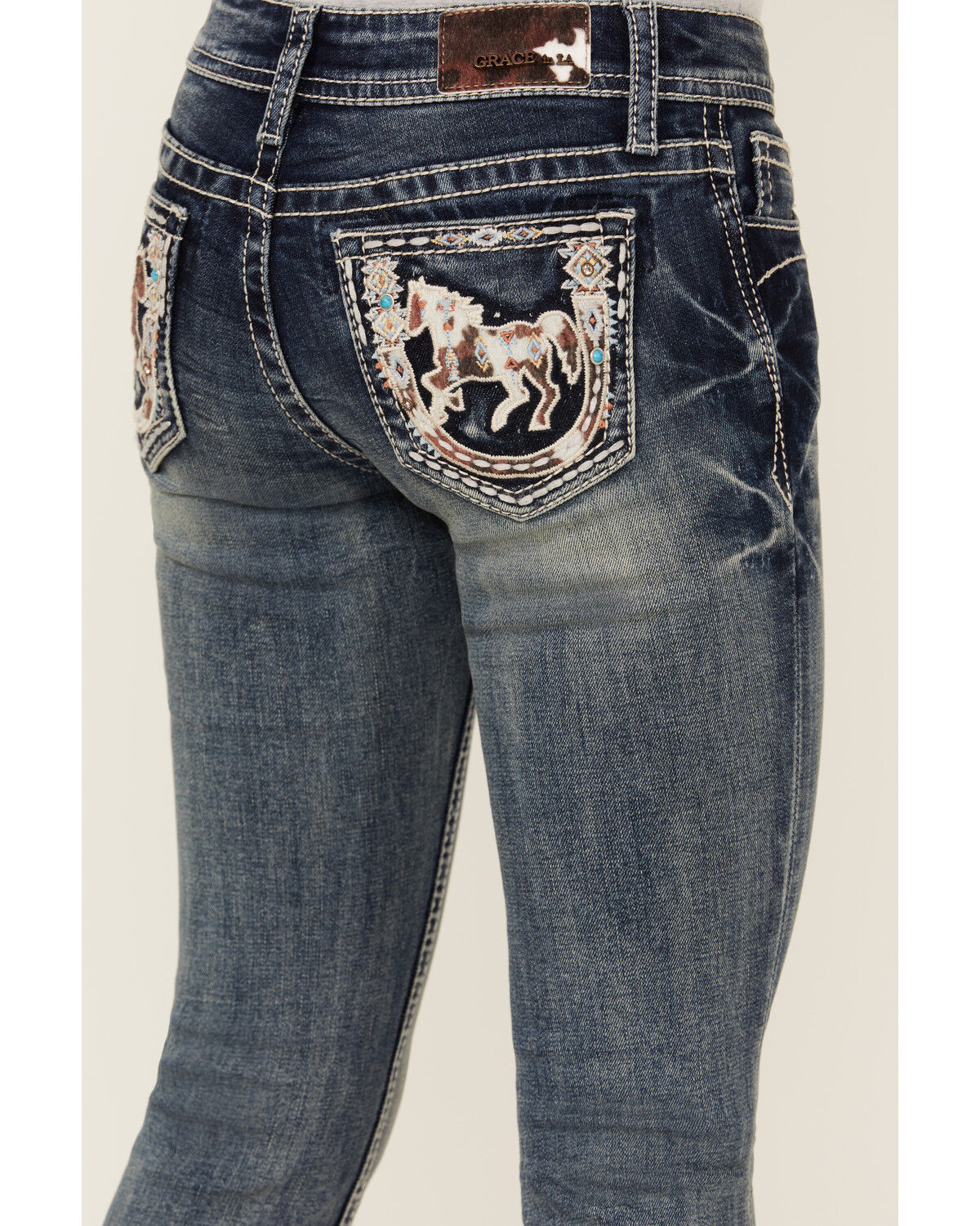 Image #2 - Grace in LA Girls' Medium Wash Horse Patch Pocket Bootcut Stretch Denim Jeans, Medium Wash, hi-res