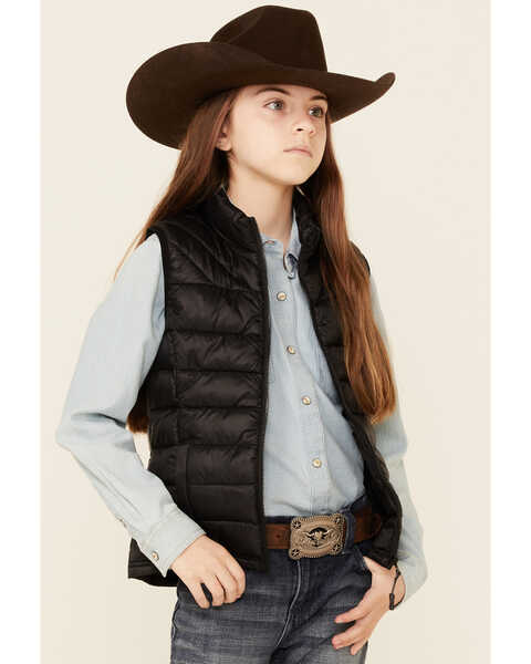 Roper Girls' Solid Parachute Poly-Fill Zip-Front Vest , Black, hi-res