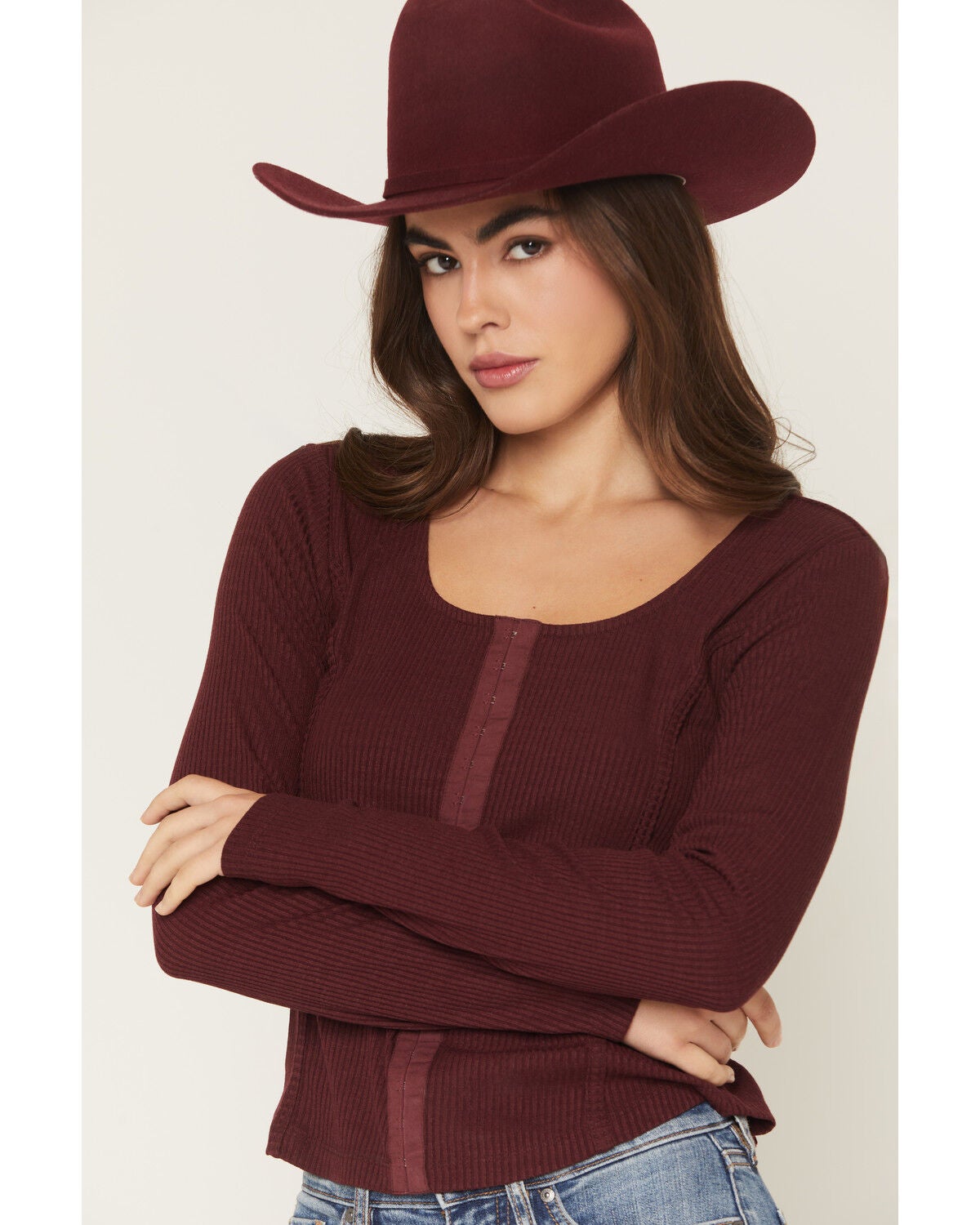 Image #2 - Shyanne Women's Maddox Solid Rib Knit Long Sleeve Shirt, Brick Red, hi-res