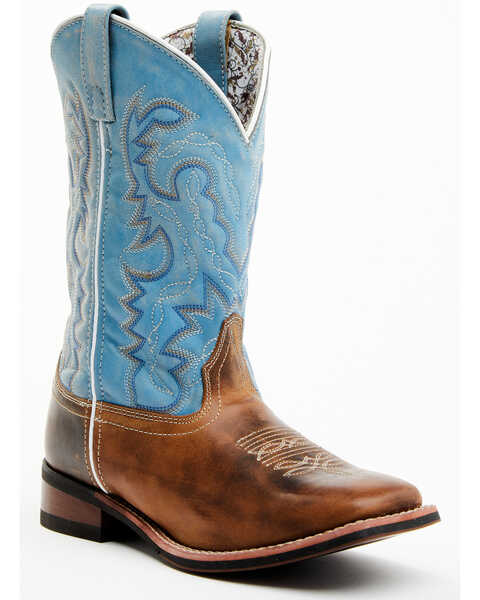 Image #1 - Laredo Women's Darla Embroidered Burnished Leather Western Performance Boots - Broad Square Toe, Light Blue, hi-res