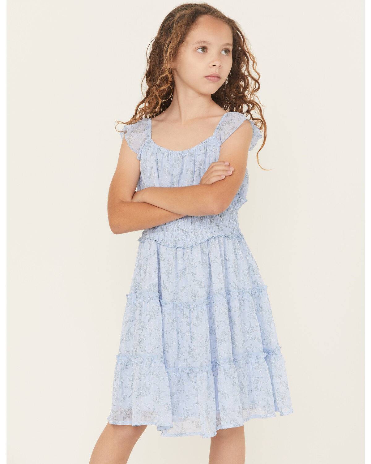 Image #2 - Ash & Violet Girls' Floral Print Ruffle Sleeve Dress, Blue, hi-res