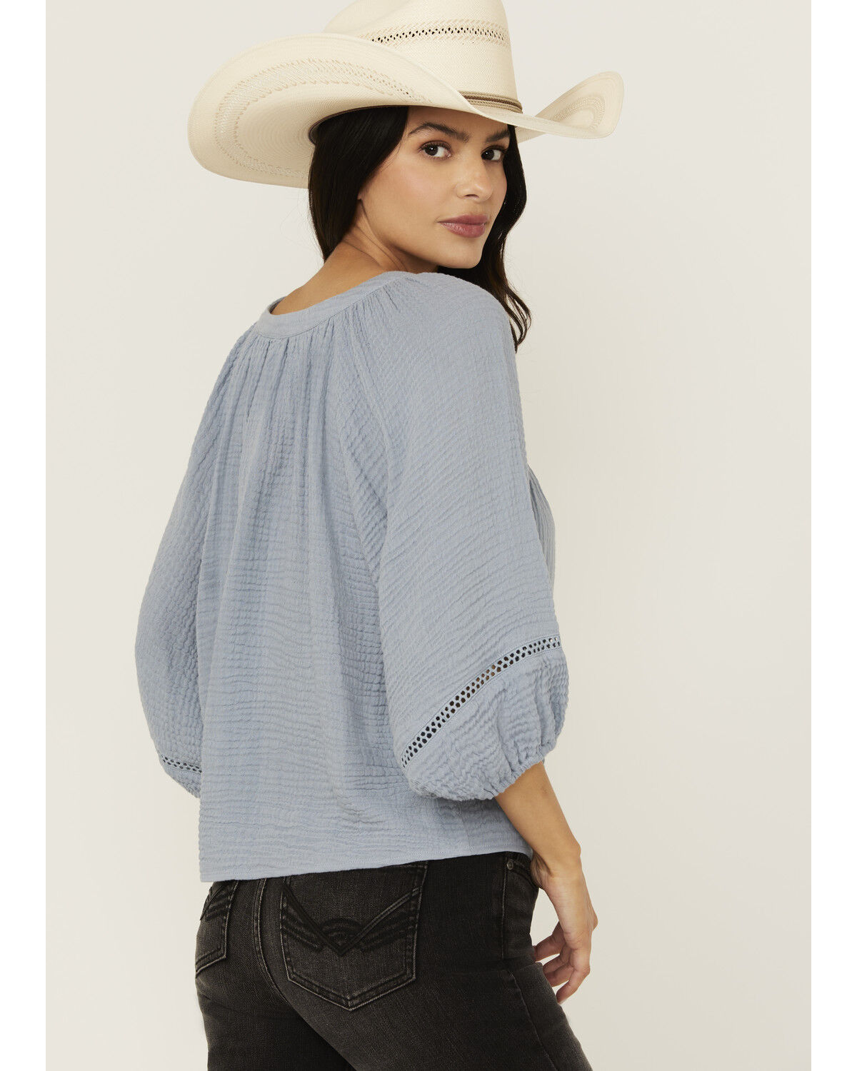 Image #4 - Cleo + Wolf Women's Brie Crochet Trim Long Sleeve Shirt, Light Blue, hi-res