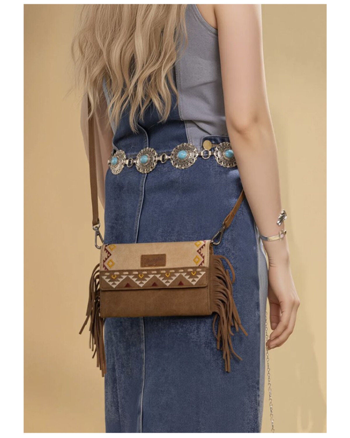 Image #4 - Wrangler Women's Southwestern Print Fringe Crossbody Wristlet, Tan, hi-res