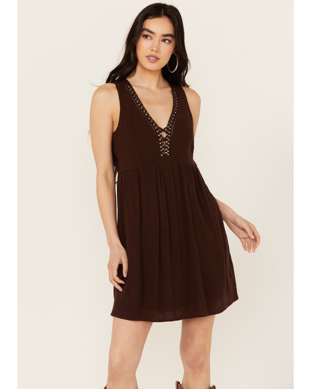 Idyllwind Women's Winfrey Criss Cross Front Embellished Mini Dress, Dark Brown, hi-res