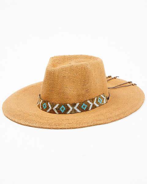 Nikki Beach Women's Beaded Trim Band Toyo Straw Rancher Hat , Brown, hi-res