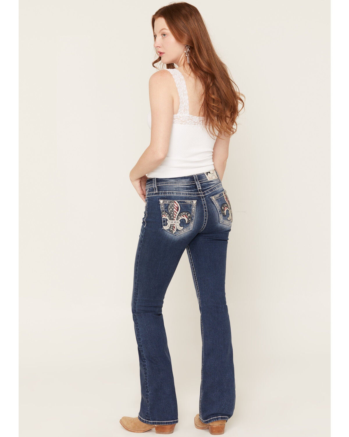 Image #1 - Miss Me Women's Dark Wash Americana Fleur de Lis Bootcut Stretch Denim Jeans, Dark Wash, hi-res