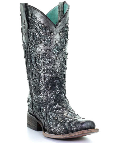 Corral Women's Glitter Inlay Western Boots - Square Toe, Black, hi-res