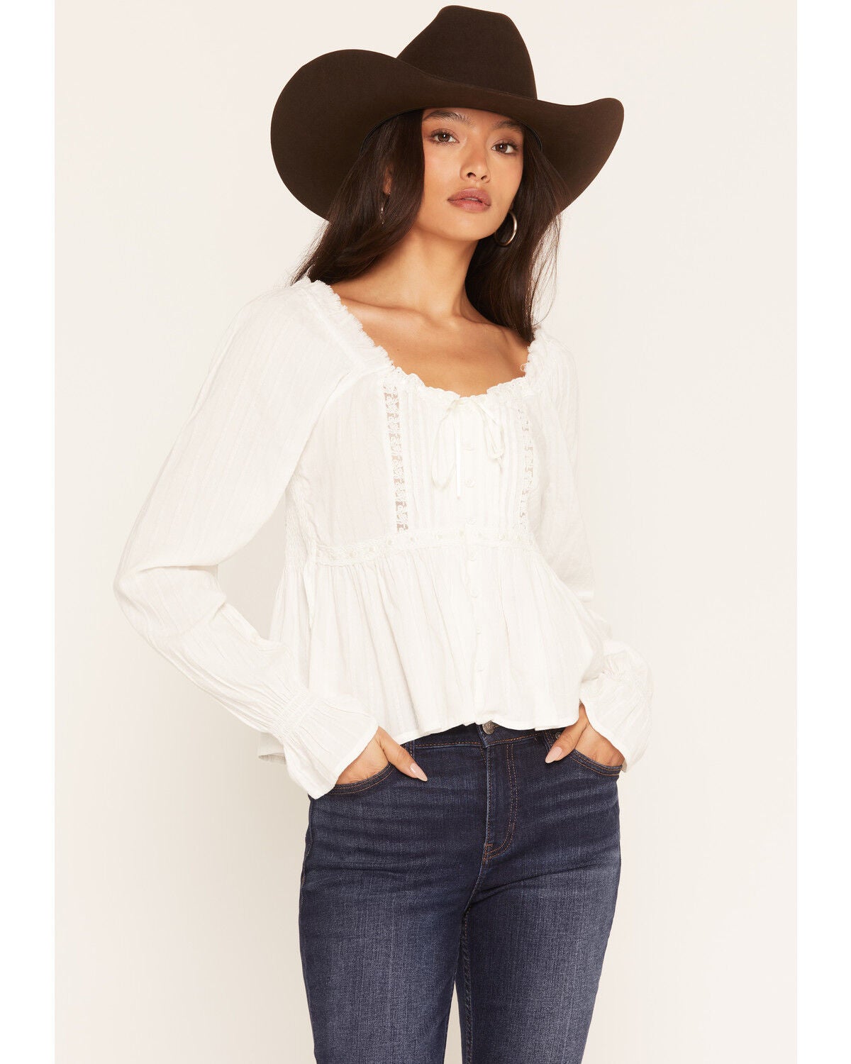 Image #1 - Wonderwest Women's Long Sleeve Lace Trim Button-Front Top, Ivory, hi-res