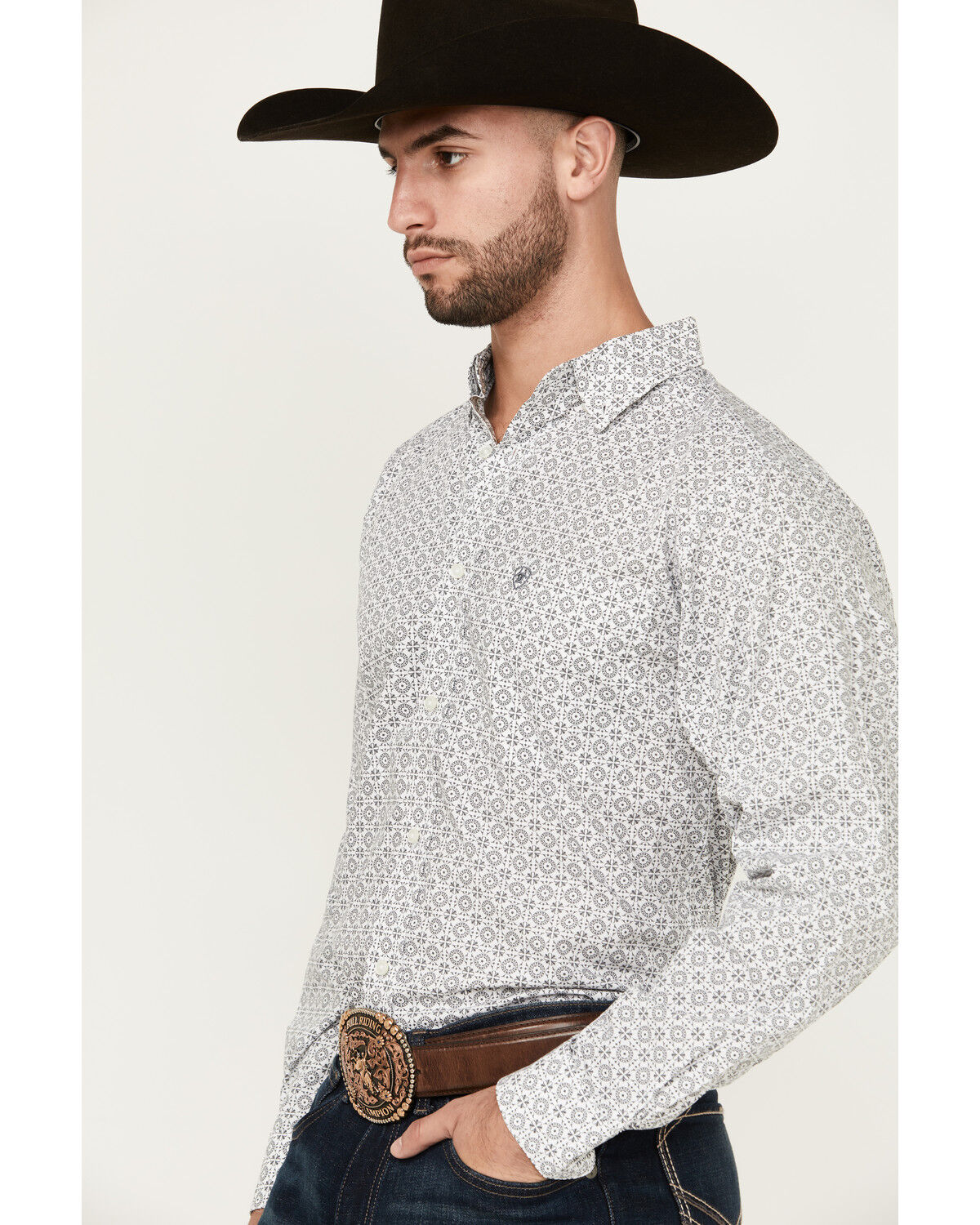 Image #2 - Ariat Men's Jimmy Mini Medallion Geo Print Long Sleeve Button-Down Western Shirt, Grey, hi-res
