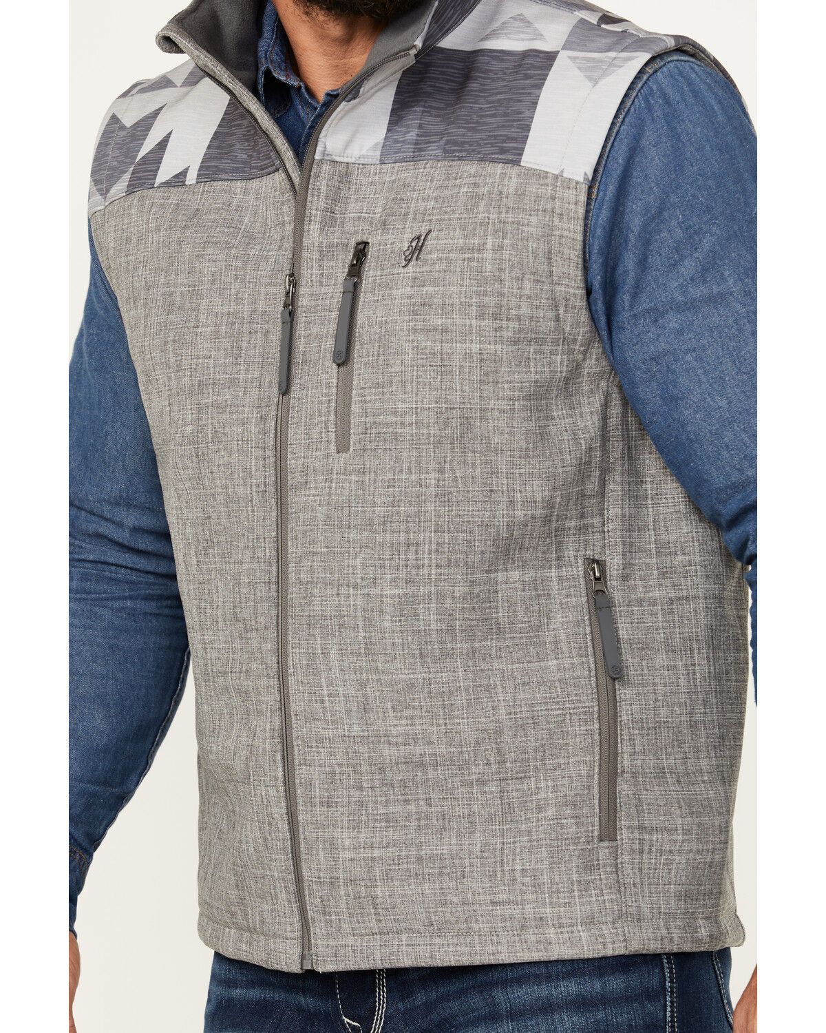 Image #3 - Hooey Men's Southwestern Print Softshell Vest, Grey, hi-res