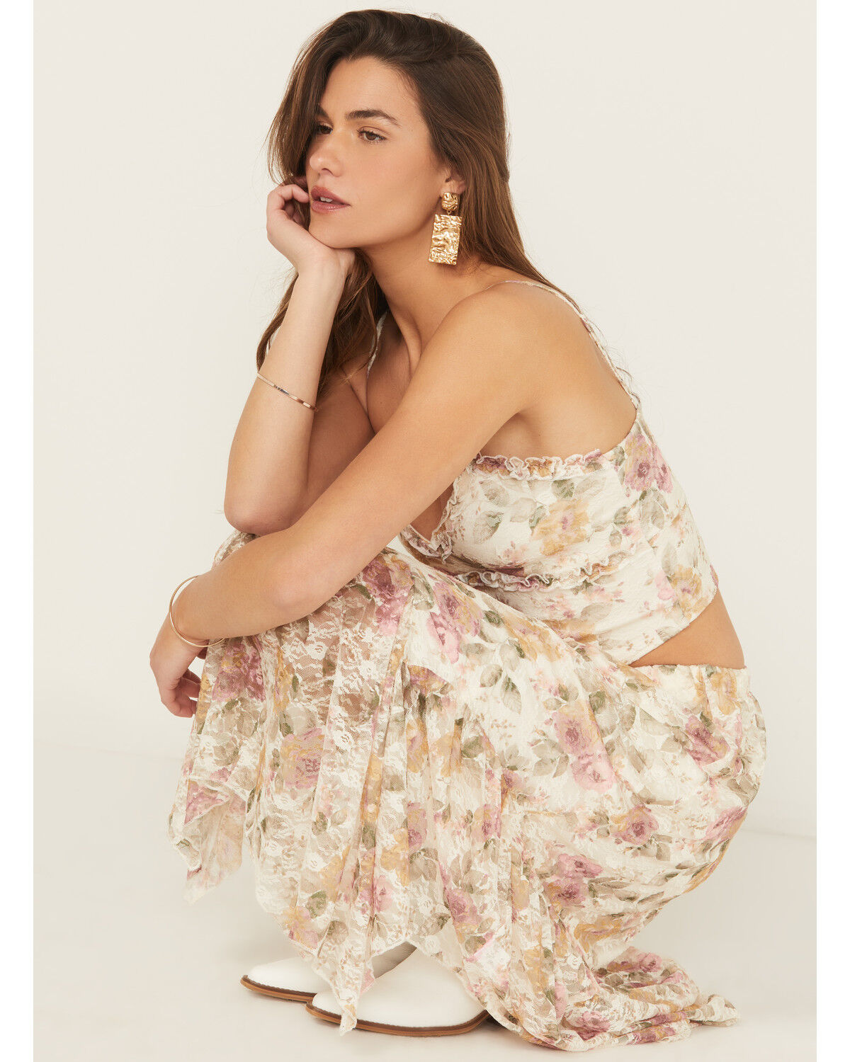 Image #1 - Originality Women's Floral Print Lace Sleeveless Cropped Tank Top, Cream, hi-res