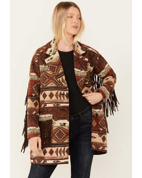 Shyanne Women's Tribal Tapestry Fringe Coat , Medium Brown, hi-res