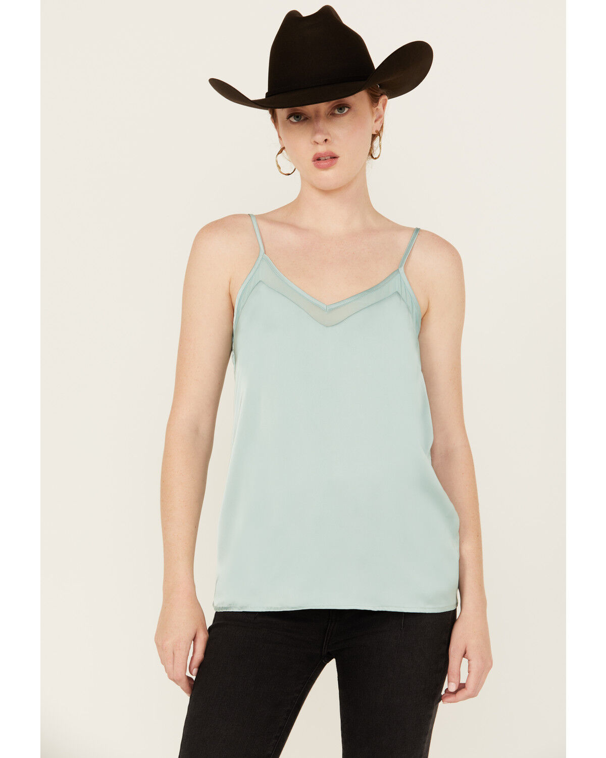 Image #1 - Rock & Roll Denim Women's Mesh Accent Satin Tank, Aqua, hi-res