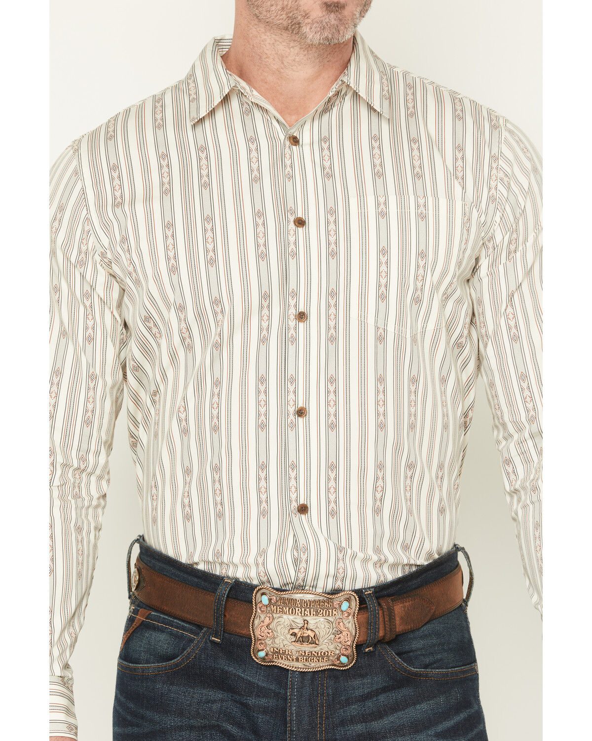 Image #3 - Gibson Trading Co Men's Tiki Boat Southwestern Striped Print Long Sleeve Button-Down Stretch Western Shirt, White, hi-res