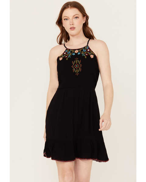 Idyllwind Women's Wolfeboro Embroidered And Beaded Halter Mini Dress , Black, hi-res