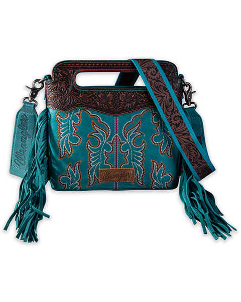 Wrangler Women's Tooled Fringe Crossbody Bag , Turquoise, hi-res