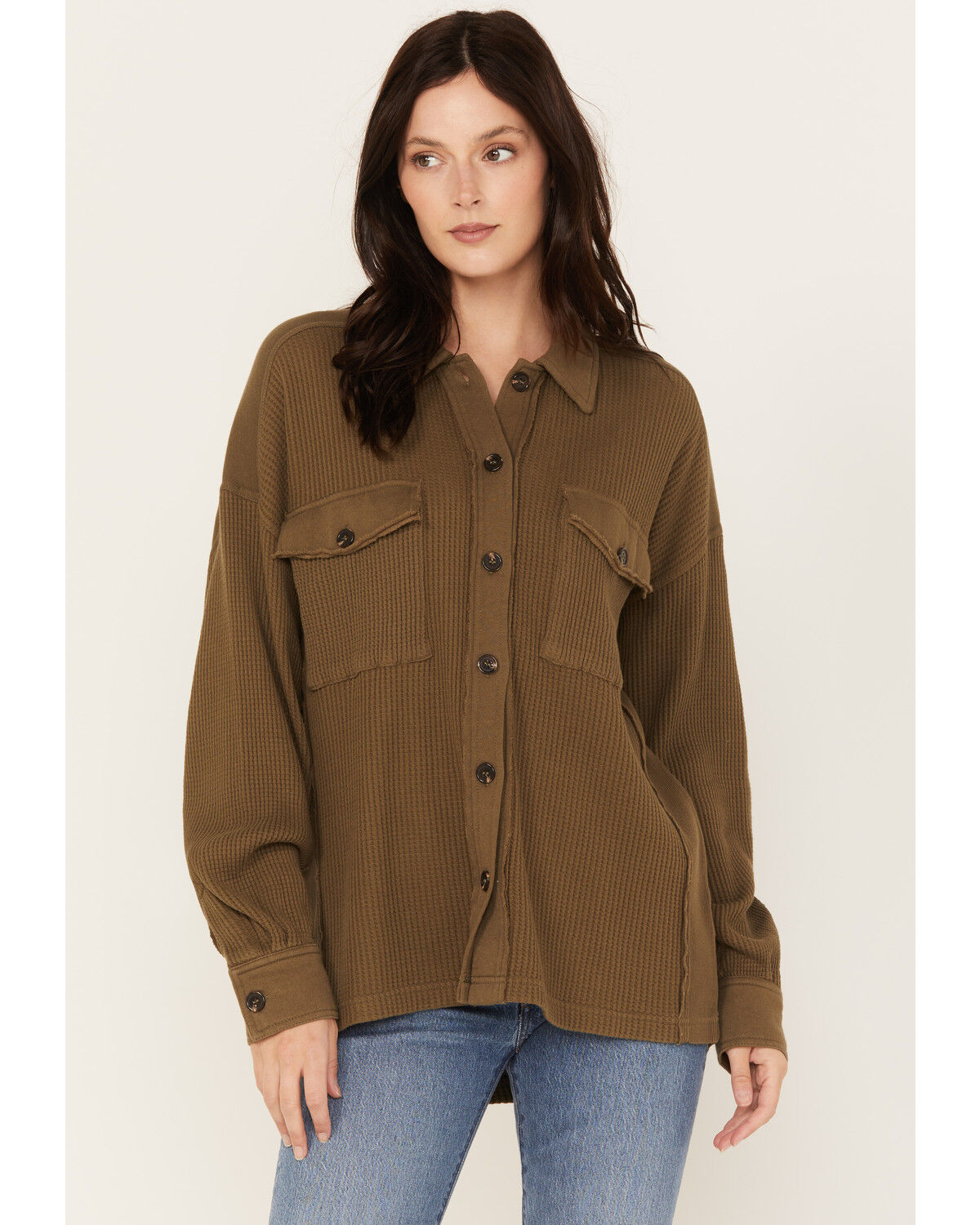Image #1 - Cleo + Wolf Women's Waffle Knit Shacket, Olive, hi-res