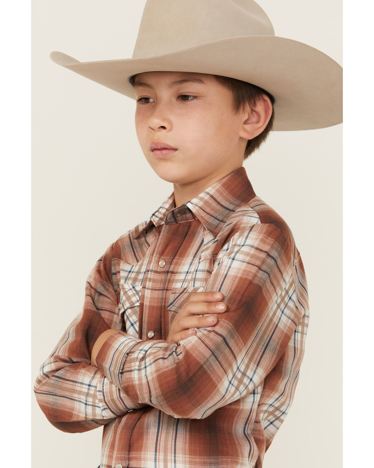 Image #2 - Ely Walker Boys' Plaid Print Long Sleeve Pearl Snap Western Shirt, Rust Copper, hi-res