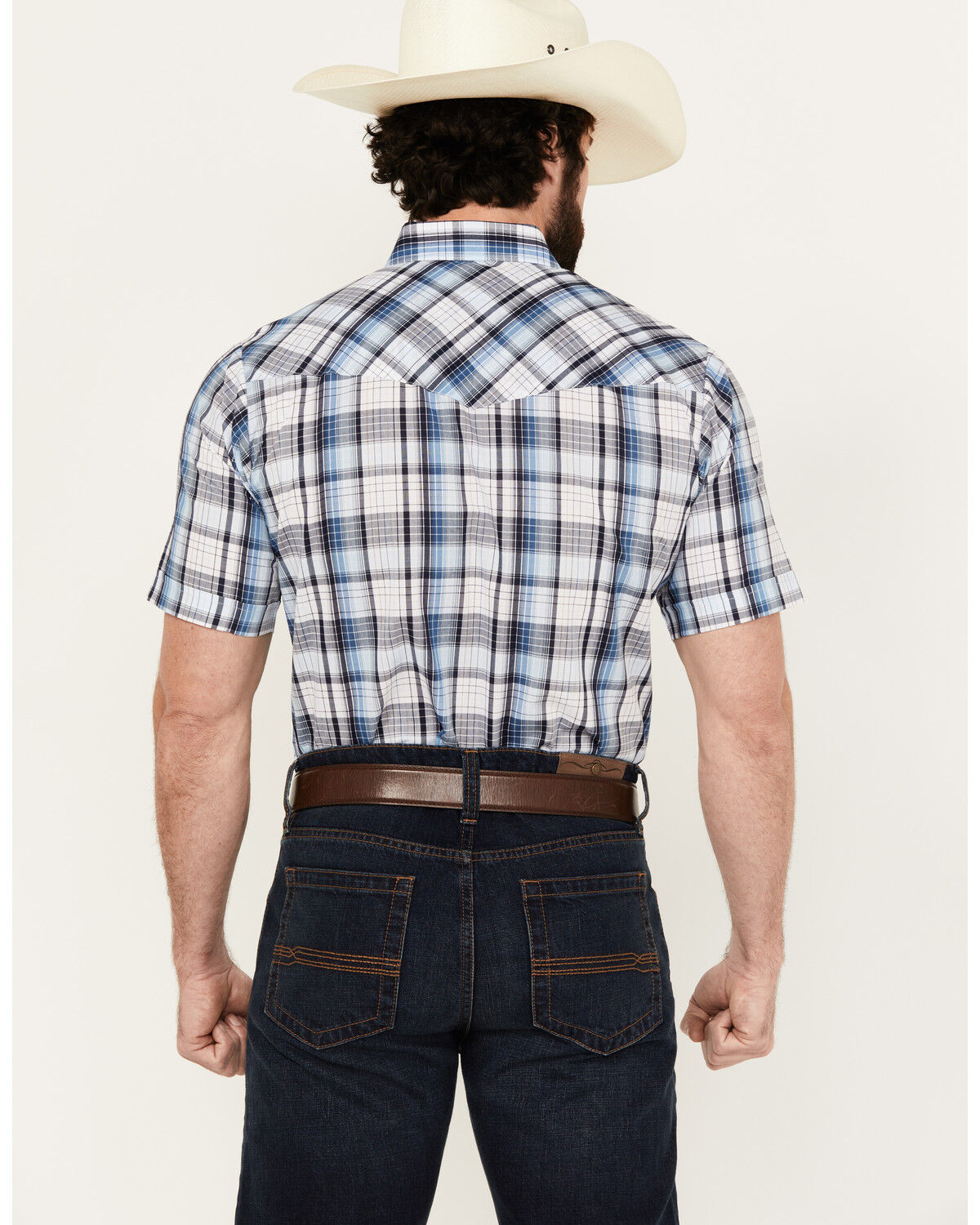 Image #4 - Ely Walker Men's Plaid Print Short Sleeve Snap Western Shirt, Blue, hi-res