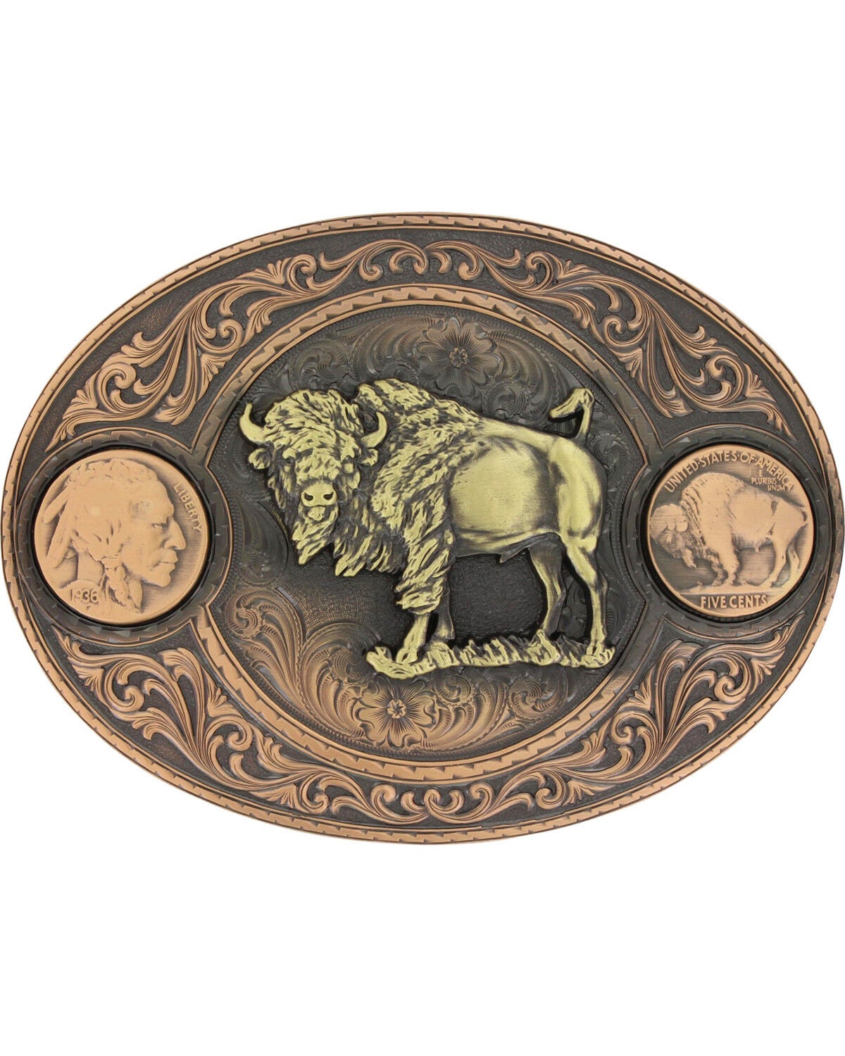 Montana Silversmiths Men's Copper Buffalo Indian Head Nickel Belt Buckle, Rust Copper, hi-res