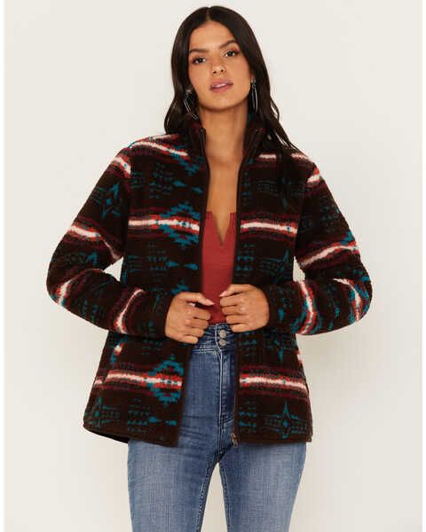 Idyllwind Women's Marfa Southwestern Serape Print Polar Fleece Jacket, Dark Brown, hi-res
