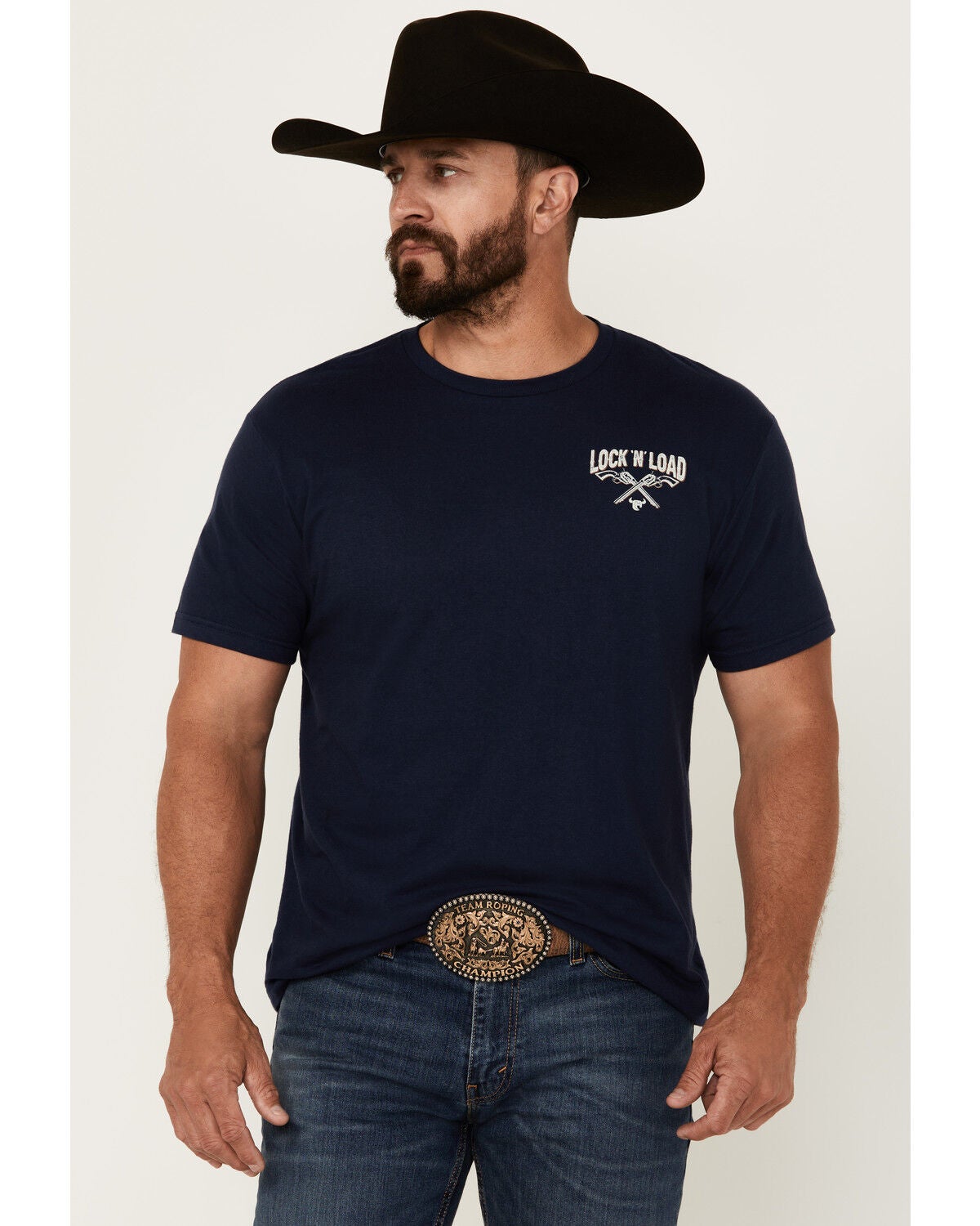 Image #2 - Cowboy Hardware Men's Lock & Load Short Sleeve Graphic T-Shirt, Navy, hi-res